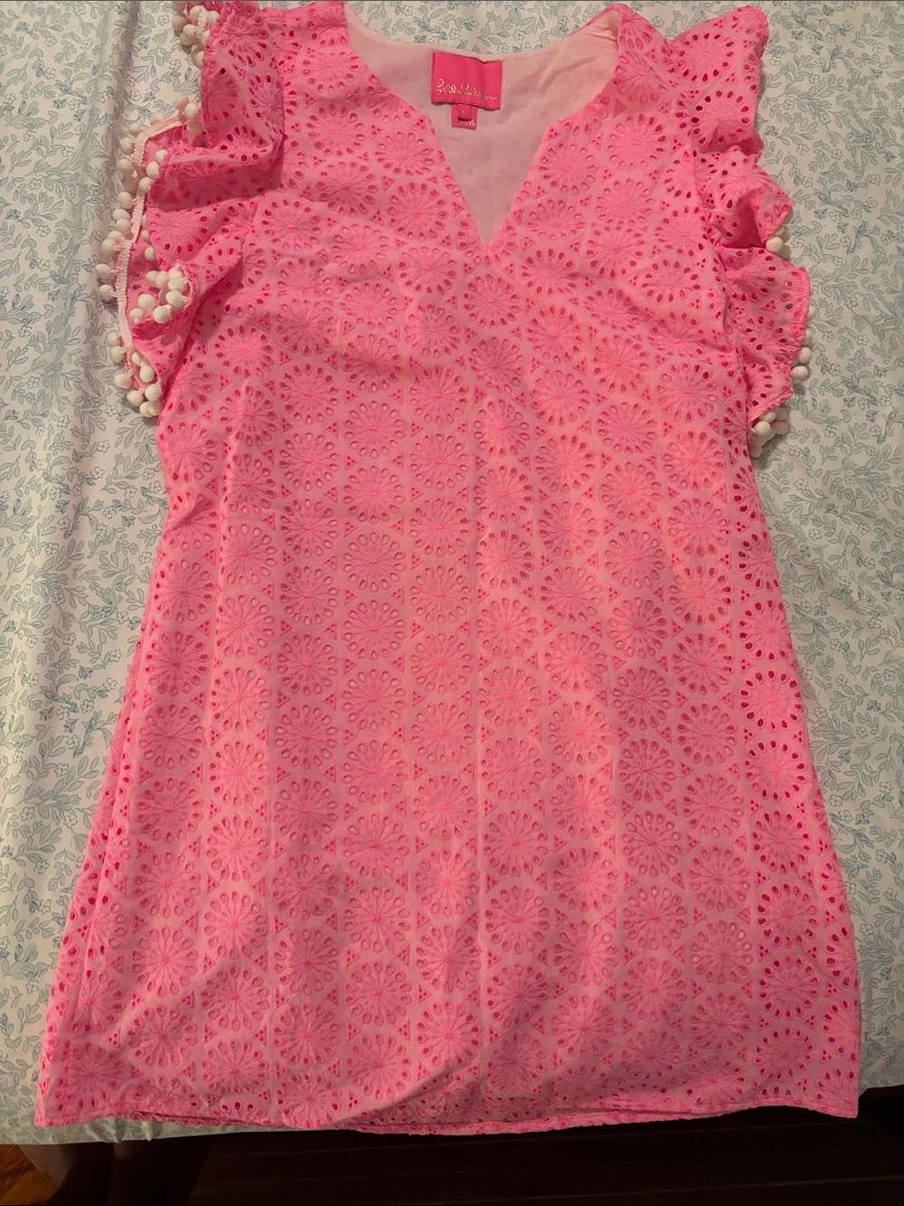 Pink Eyelet Pom Pom Sleeve Shift Dress